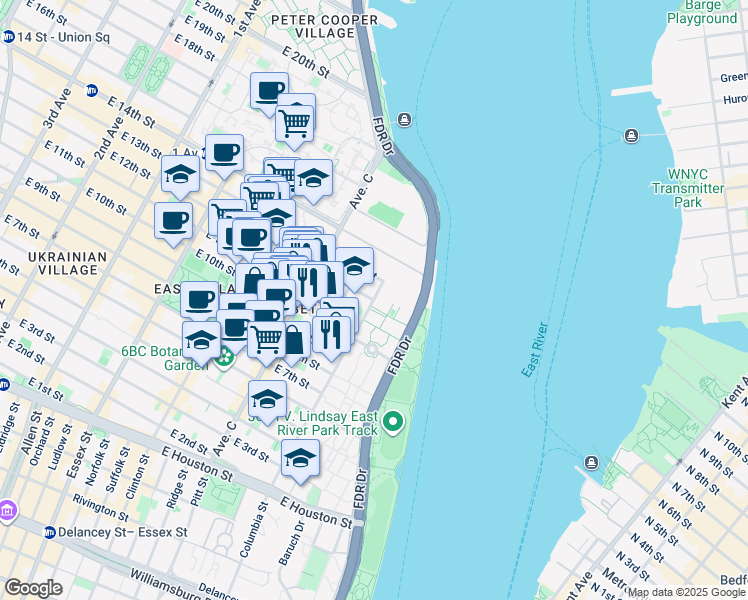 map of restaurants, bars, coffee shops, grocery stores, and more near 960 East 12th Street in New York