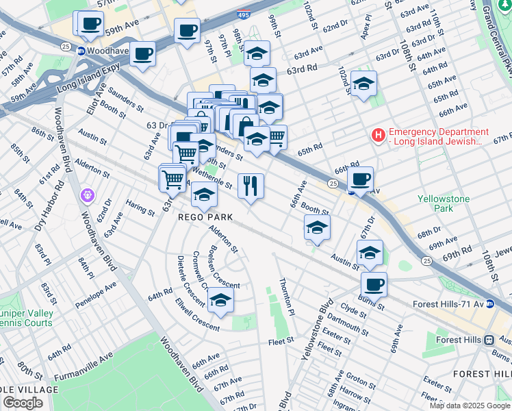 map of restaurants, bars, coffee shops, grocery stores, and more near 64-86 Wetherole Street in Queens