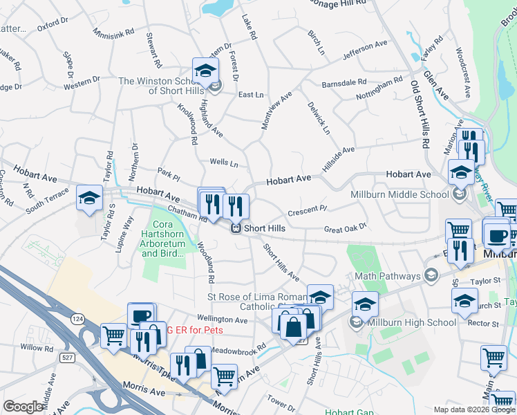 map of restaurants, bars, coffee shops, grocery stores, and more near 12 The Crescent in Millburn
