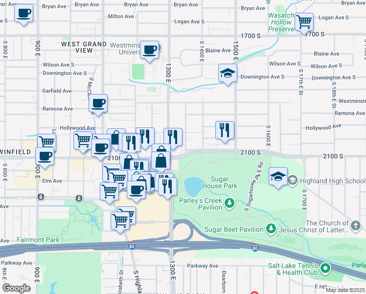map of restaurants, bars, coffee shops, grocery stores, and more near 1339 East 2100 South in Salt Lake City