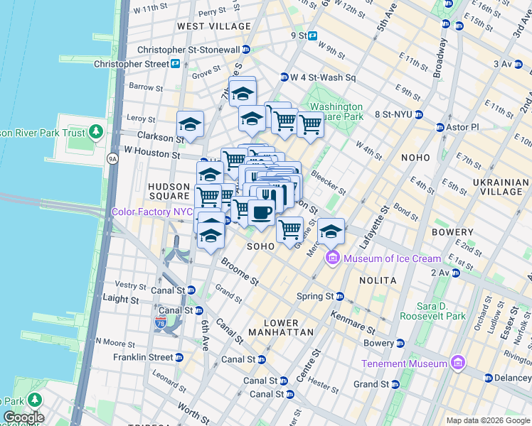 map of restaurants, bars, coffee shops, grocery stores, and more near Thompson Street in New York
