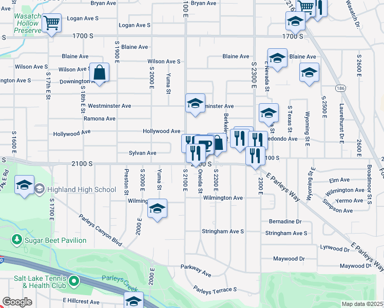 map of restaurants, bars, coffee shops, grocery stores, and more near 2077 South 2100 East in Salt Lake City