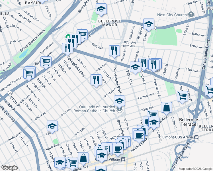 map of restaurants, bars, coffee shops, grocery stores, and more near 221-01 91st Road in Queens