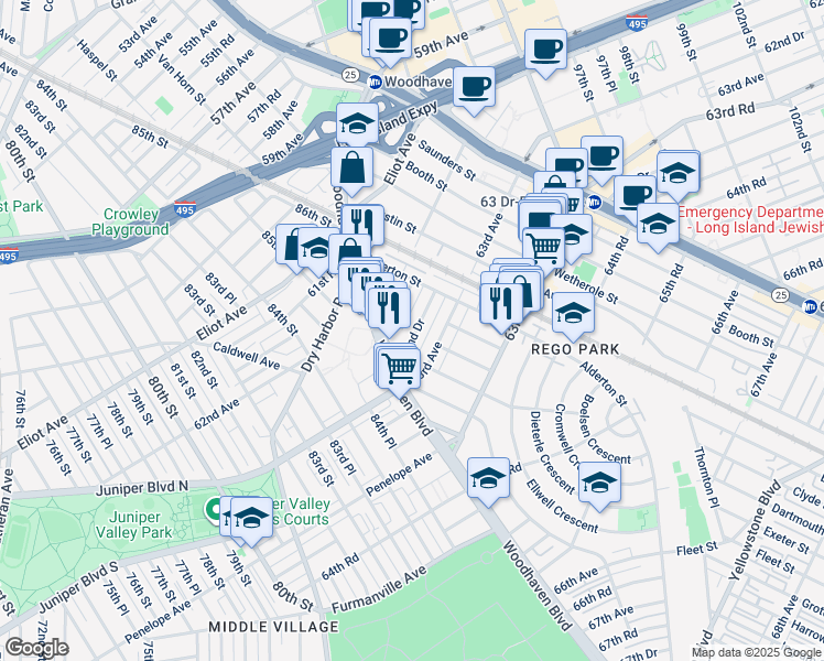 map of restaurants, bars, coffee shops, grocery stores, and more near 87-24 62nd Road in Queens