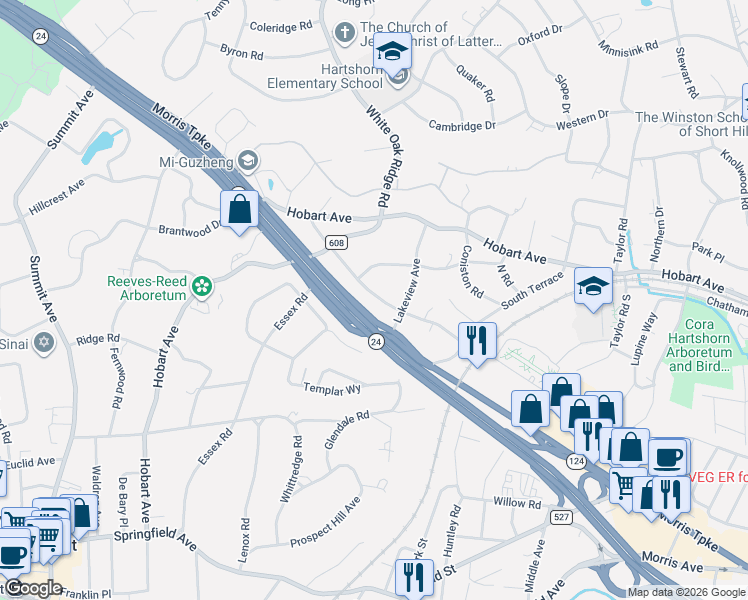 map of restaurants, bars, coffee shops, grocery stores, and more near 55 West Road in Millburn
