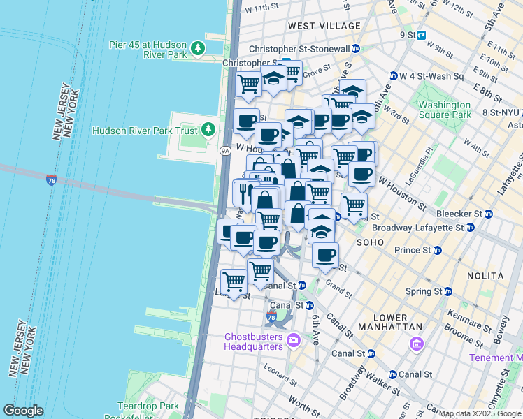 map of restaurants, bars, coffee shops, grocery stores, and more near 309 Spring Street in New York