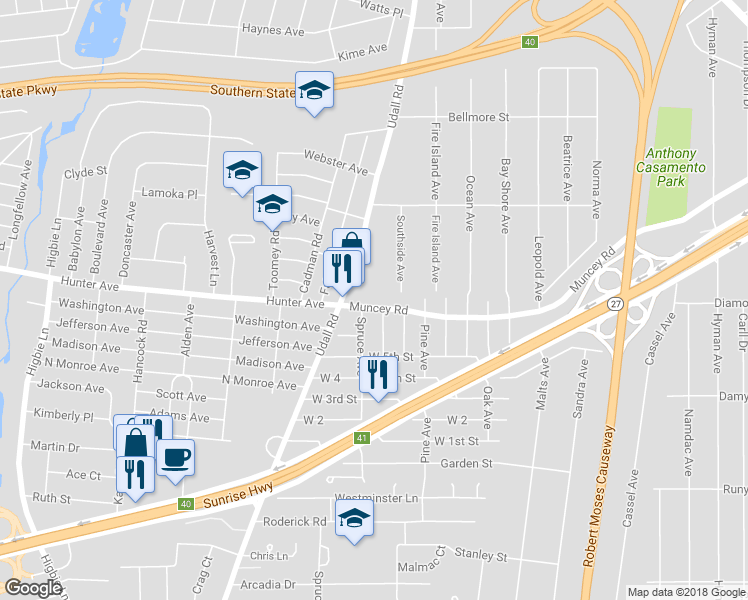 map of restaurants, bars, coffee shops, grocery stores, and more near 575 Muncey Road in West Islip