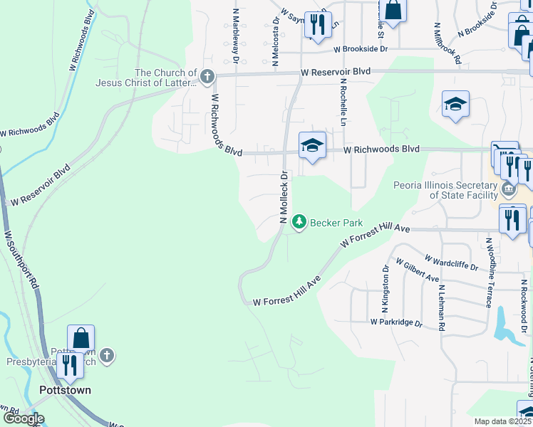 map of restaurants, bars, coffee shops, grocery stores, and more near 3417 Baskin Ridge in Peoria
