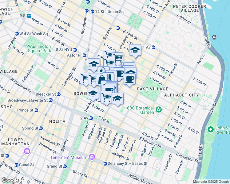 map of restaurants, bars, coffee shops, grocery stores, and more near 331 East 5th Street in New York