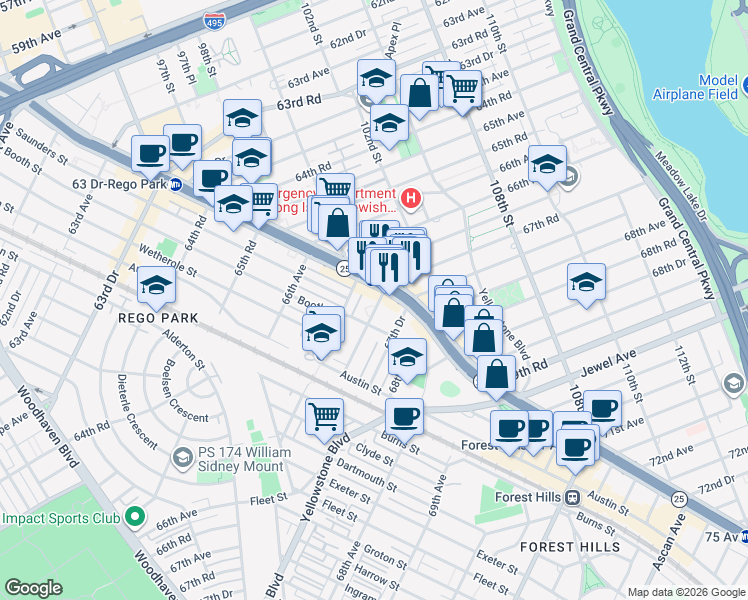 map of restaurants, bars, coffee shops, grocery stores, and more near in Queens