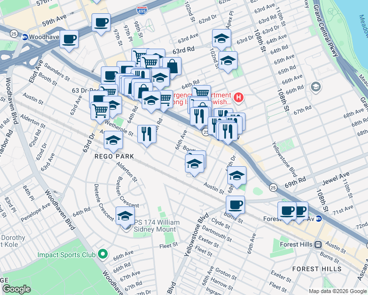 map of restaurants, bars, coffee shops, grocery stores, and more near 9609 66th Avenue in Queens