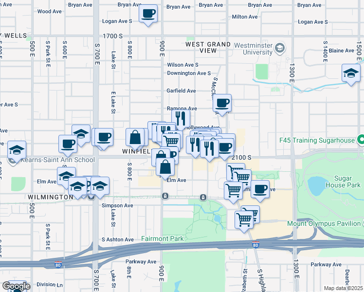 map of restaurants, bars, coffee shops, grocery stores, and more near 2017 Lincoln Street in Salt Lake City
