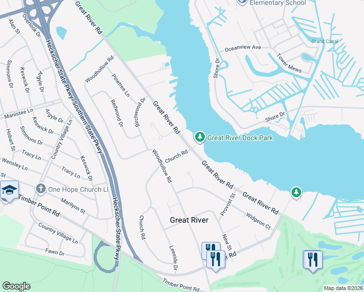 map of restaurants, bars, coffee shops, grocery stores, and more near 301 Great River Road in Great River