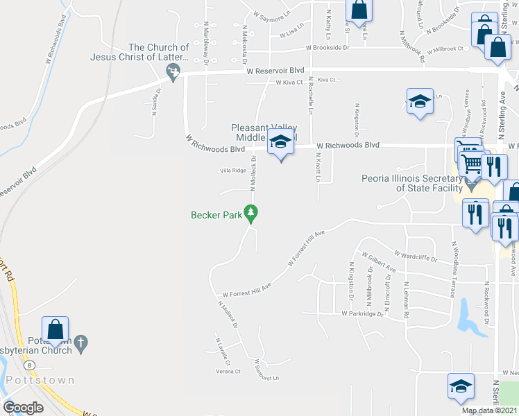 map of restaurants, bars, coffee shops, grocery stores, and more near 3100 North Molleck Drive in Peoria