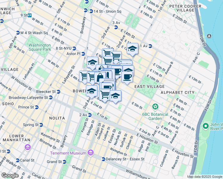 map of restaurants, bars, coffee shops, grocery stores, and more near 343 East 5th Street in New York