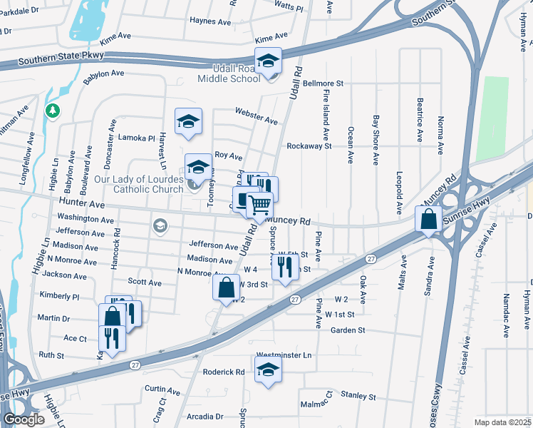 map of restaurants, bars, coffee shops, grocery stores, and more near 796 Udall Road in West Islip