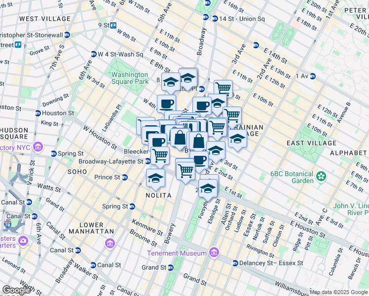 map of restaurants, bars, coffee shops, grocery stores, and more near 348 Bowery in New York