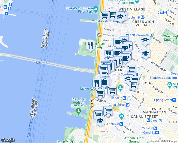 map of restaurants, bars, coffee shops, grocery stores, and more near Interstate 78 in New York