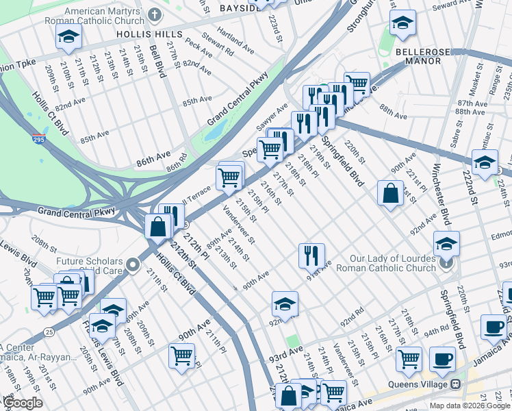 map of restaurants, bars, coffee shops, grocery stores, and more near 88-16 215th Place in Queens