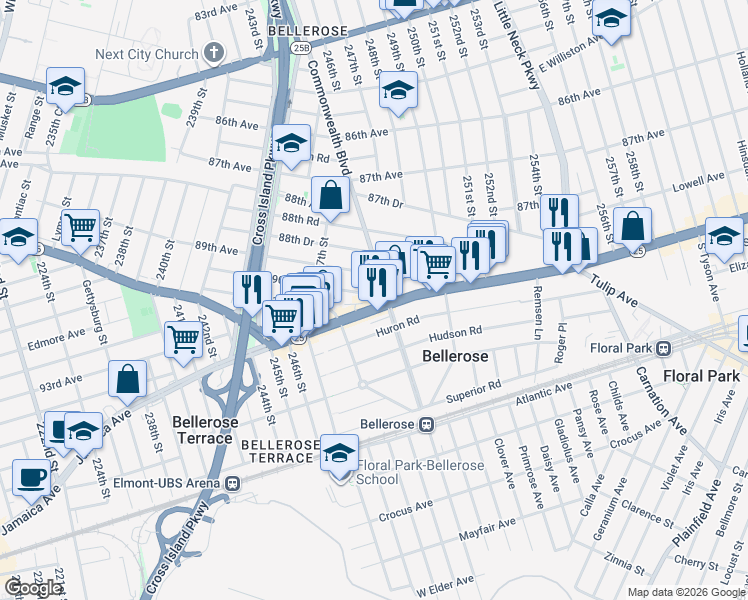 map of restaurants, bars, coffee shops, grocery stores, and more near 247-63 90th Avenue in Queens
