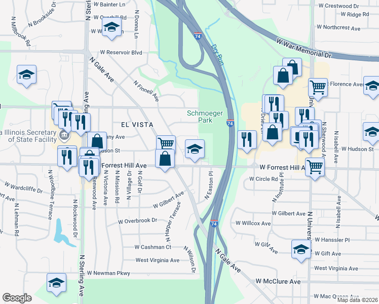map of restaurants, bars, coffee shops, grocery stores, and more near 3126 North Finnell Avenue in Peoria