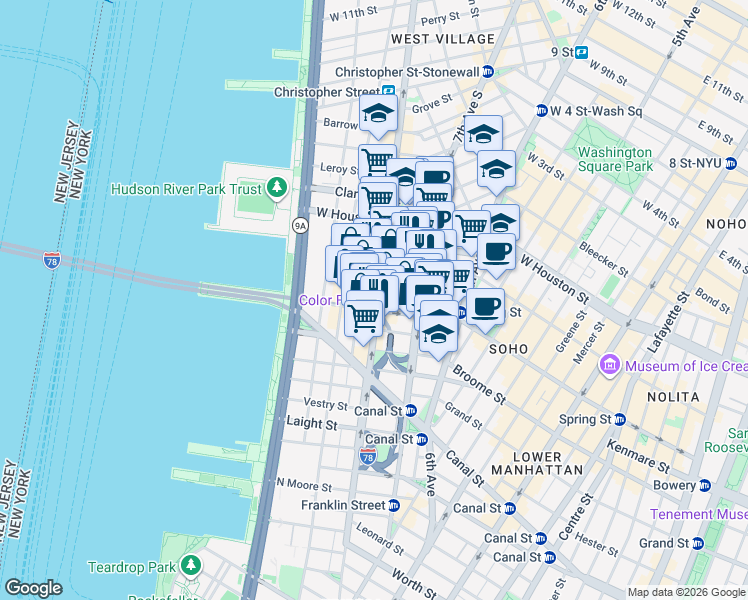 map of restaurants, bars, coffee shops, grocery stores, and more near 315 Hudson Street in New York