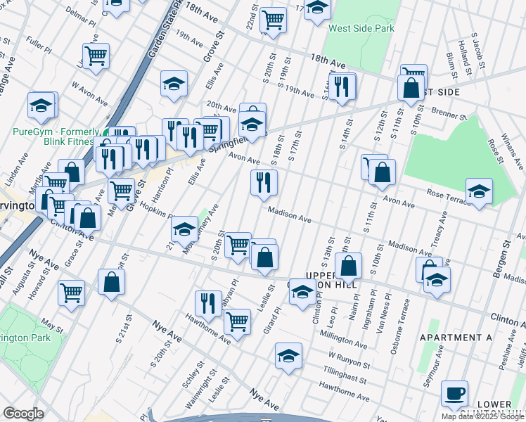 map of restaurants, bars, coffee shops, grocery stores, and more near 853 South 18th Street in Newark