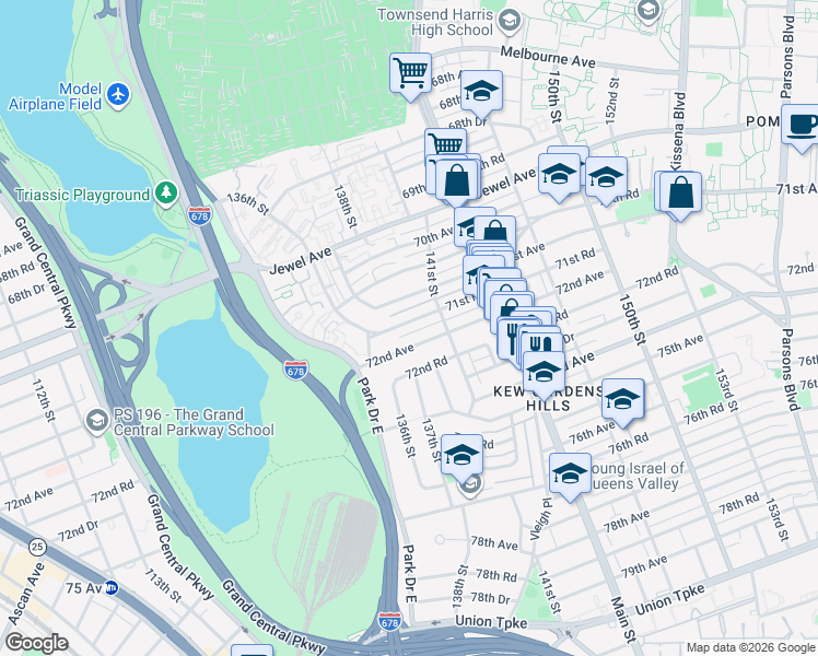 map of restaurants, bars, coffee shops, grocery stores, and more near 136-57 71st Road in Queens