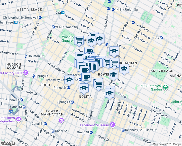 map of restaurants, bars, coffee shops, grocery stores, and more near 30 Bond Street in New York