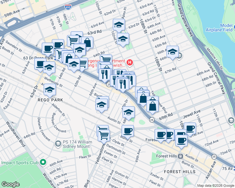 map of restaurants, bars, coffee shops, grocery stores, and more near in Queens