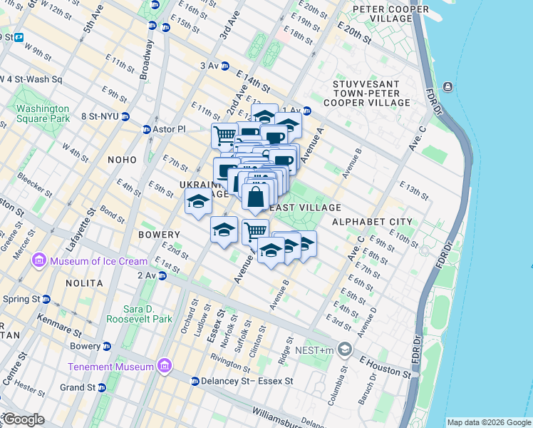 map of restaurants, bars, coffee shops, grocery stores, and more near 113 East 7th Street in New York