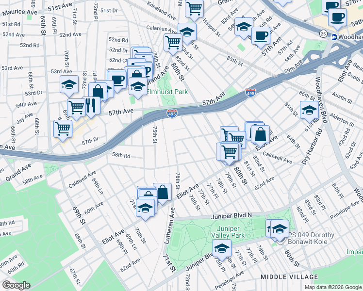 map of restaurants, bars, coffee shops, grocery stores, and more near 58-04 77th Place in Queens