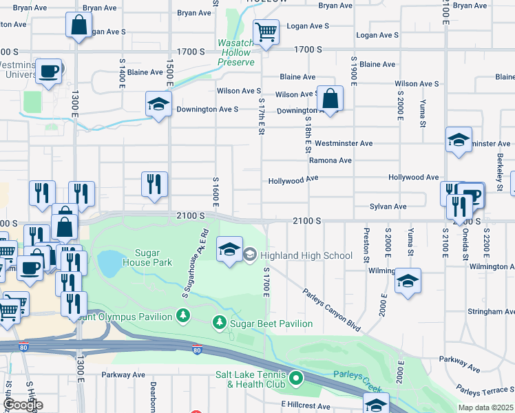 map of restaurants, bars, coffee shops, grocery stores, and more near 2018 South 1700 East in Salt Lake City