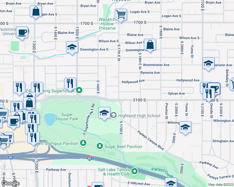 map of restaurants, bars, coffee shops, grocery stores, and more near 2018 South 1700 East in Salt Lake City