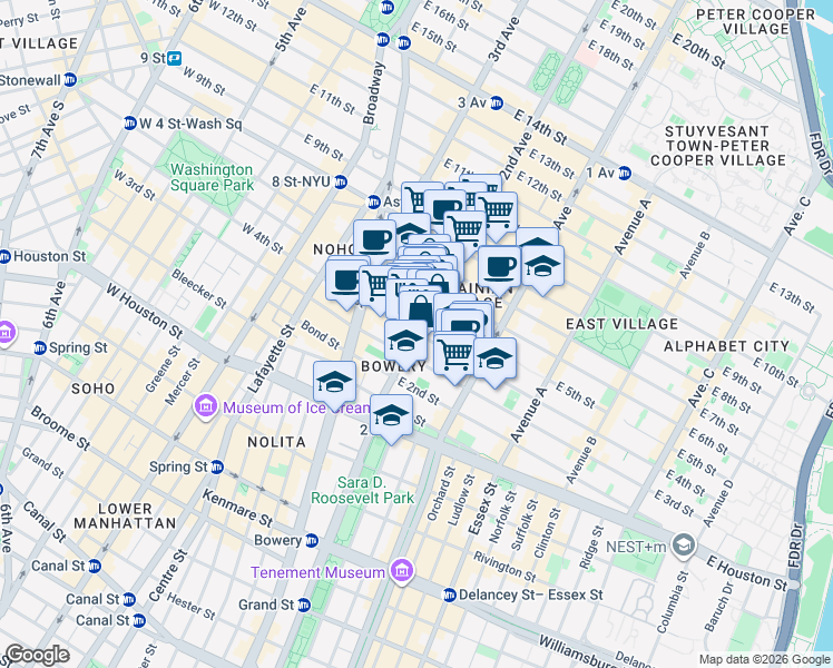 map of restaurants, bars, coffee shops, grocery stores, and more near 2nd Ave & E 4th St in New York