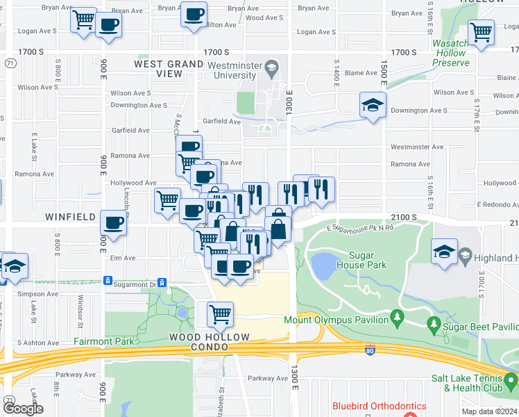 map of restaurants, bars, coffee shops, grocery stores, and more near 2007 Douglas Street in Salt Lake City