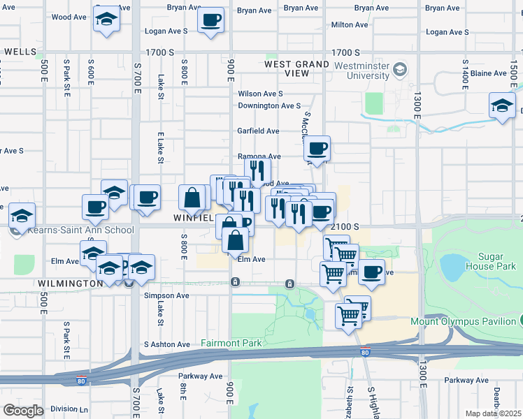 map of restaurants, bars, coffee shops, grocery stores, and more near 1997 Lincoln Street in Salt Lake City