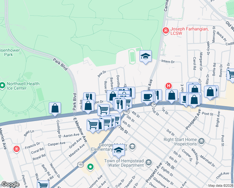 map of restaurants, bars, coffee shops, grocery stores, and more near 56 Dorothy Drive in East Meadow