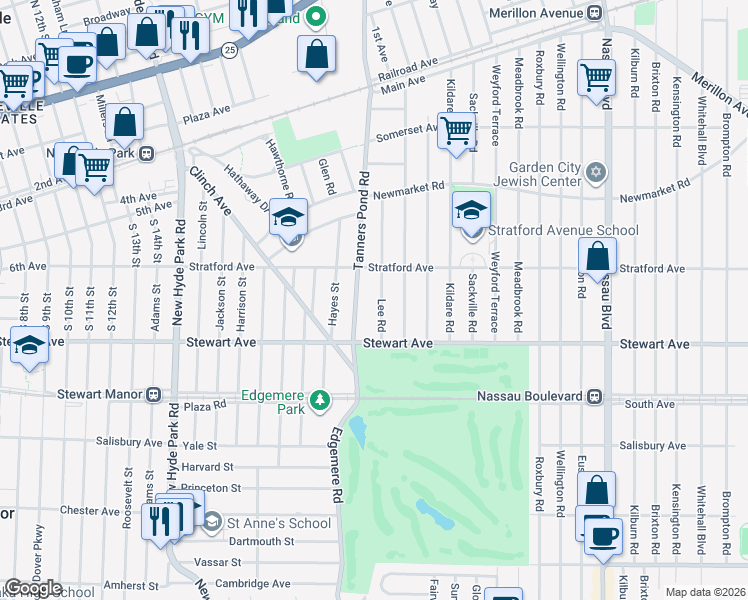 map of restaurants, bars, coffee shops, grocery stores, and more near 116 Lee Road in Garden City