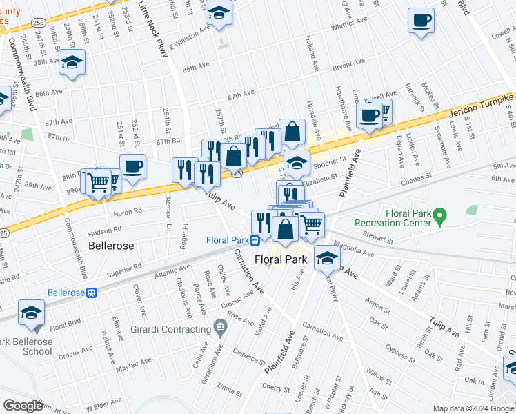 map of restaurants, bars, coffee shops, grocery stores, and more near 65 Tulip Avenue in Floral Park