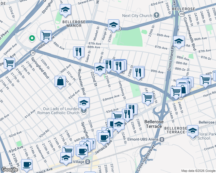 map of restaurants, bars, coffee shops, grocery stores, and more near 92-17 224th Street in Queens