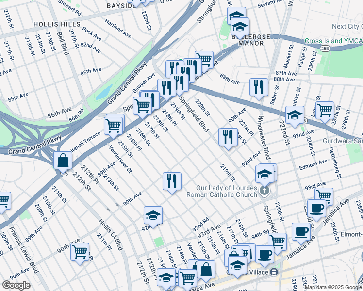map of restaurants, bars, coffee shops, grocery stores, and more near 89-61 218th Street in Queens
