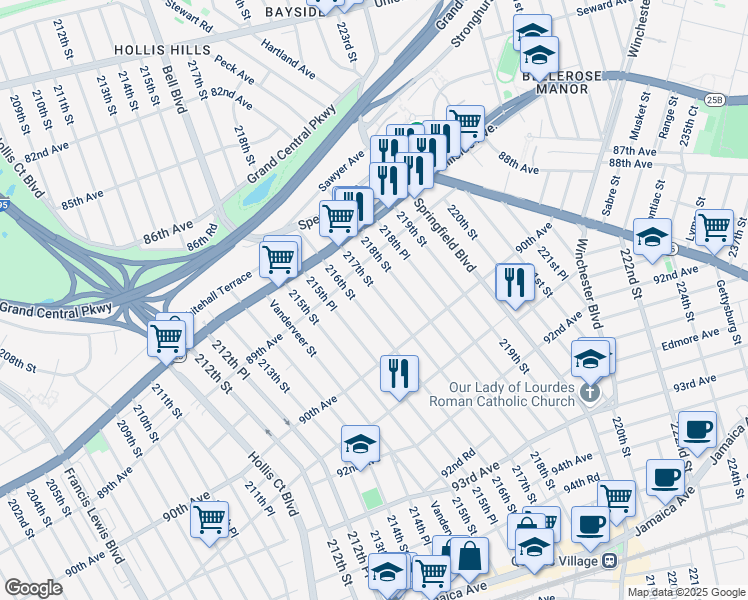 map of restaurants, bars, coffee shops, grocery stores, and more near 89-27 217th Street in Queens