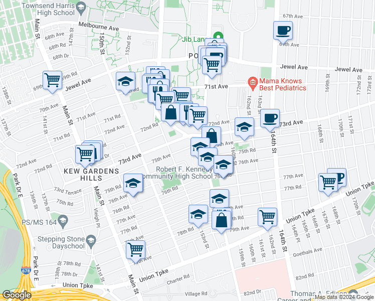 map of restaurants, bars, coffee shops, grocery stores, and more near 153-54 75th Avenue in Queens