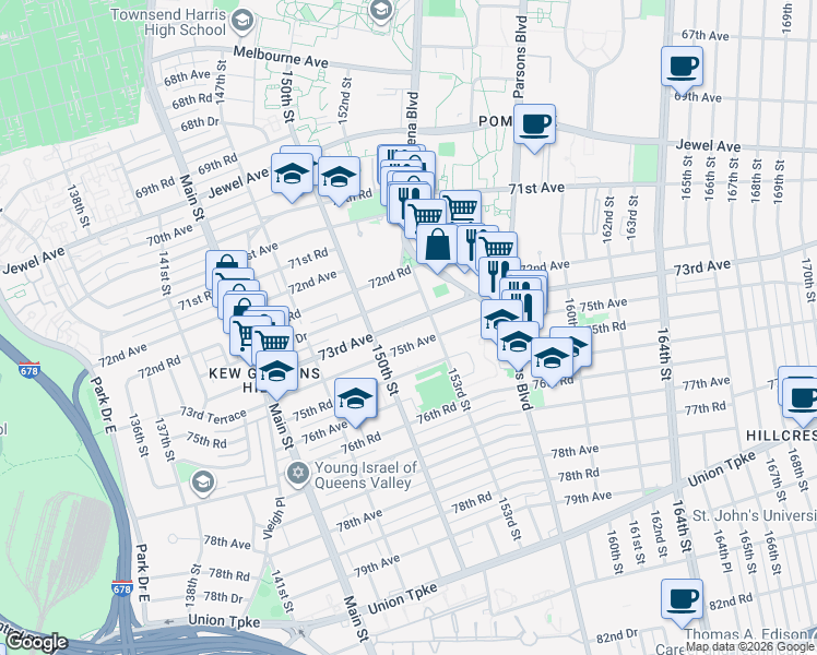 map of restaurants, bars, coffee shops, grocery stores, and more near 150-45 73rd Avenue in Queens
