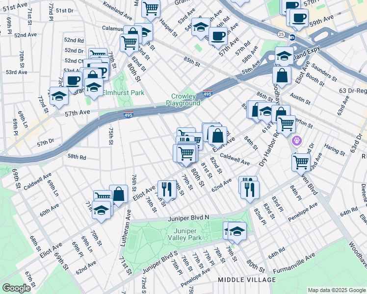 map of restaurants, bars, coffee shops, grocery stores, and more near 58-32 81st Street in Queens
