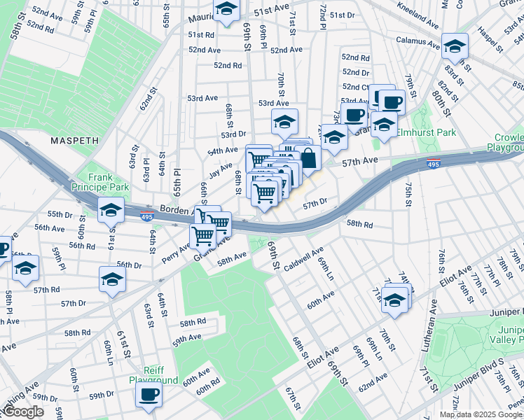 map of restaurants, bars, coffee shops, grocery stores, and more near 69-29 Grand Avenue in Queens