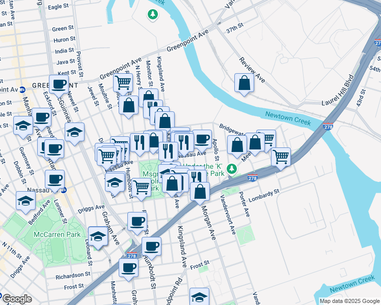 map of restaurants, bars, coffee shops, grocery stores, and more near 640 Morgan Avenue in Brooklyn