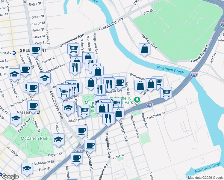 map of restaurants, bars, coffee shops, grocery stores, and more near 640 Morgan Avenue in Brooklyn