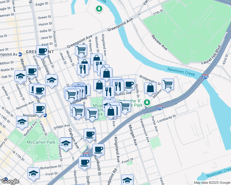 map of restaurants, bars, coffee shops, grocery stores, and more near 99 Sutton Street in Brooklyn
